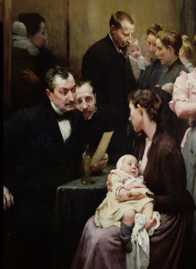 Der Tropfen Milch in Belleville: Dr. Variots Praxis, die Konsultation, 1903 (Detail) von Henri Jules Jean Geoffroy